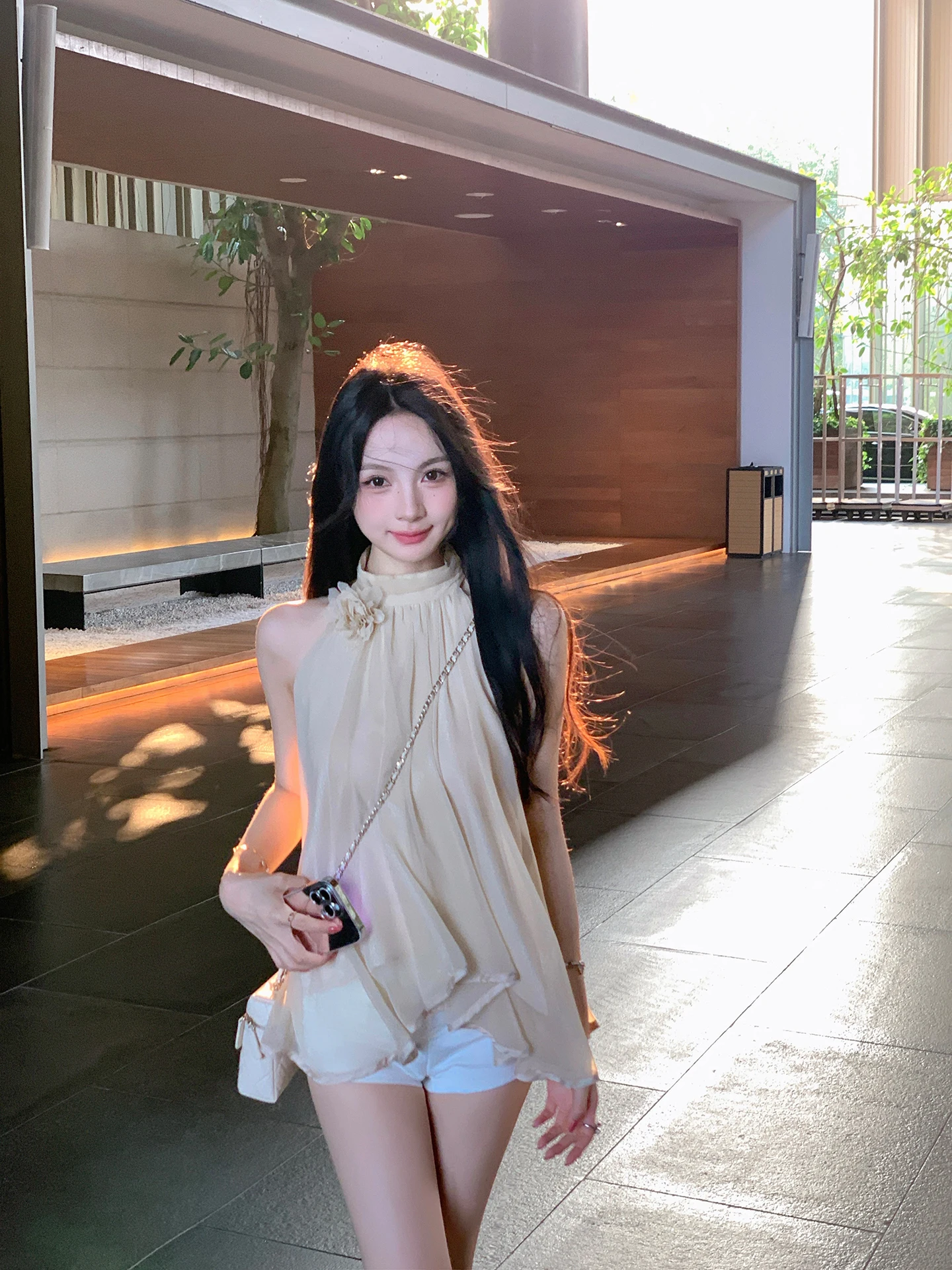

Pure Desire Style Shoulder Bared Neck Hanging Chiffon Shirt Women's Summer New Sweet Style Loose Fit mid Length Shirt