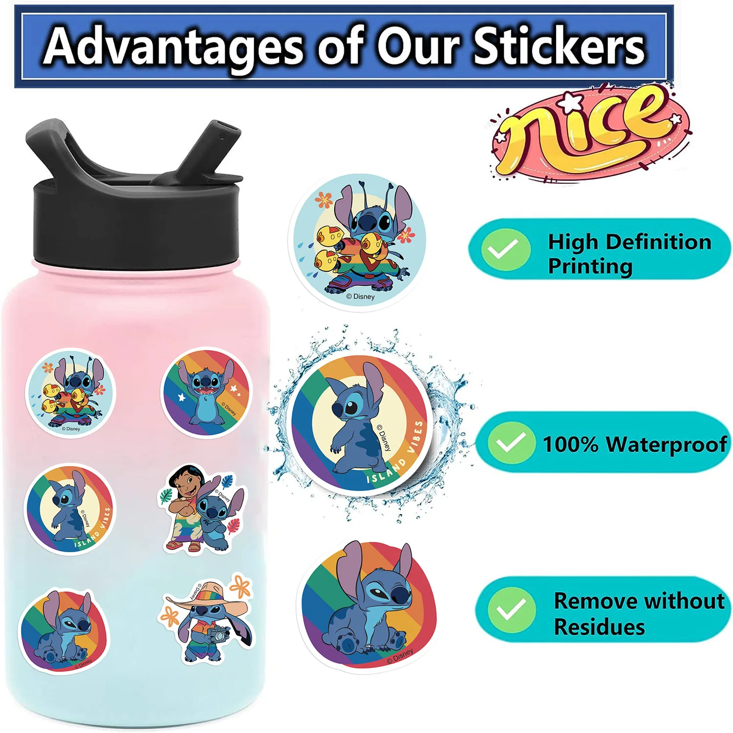 Pacote de 50 adesivos kawaii Stitch – Adorável feliz, piloto e ponto lilo combinado, vinil premium para laptops, kits de artesanato