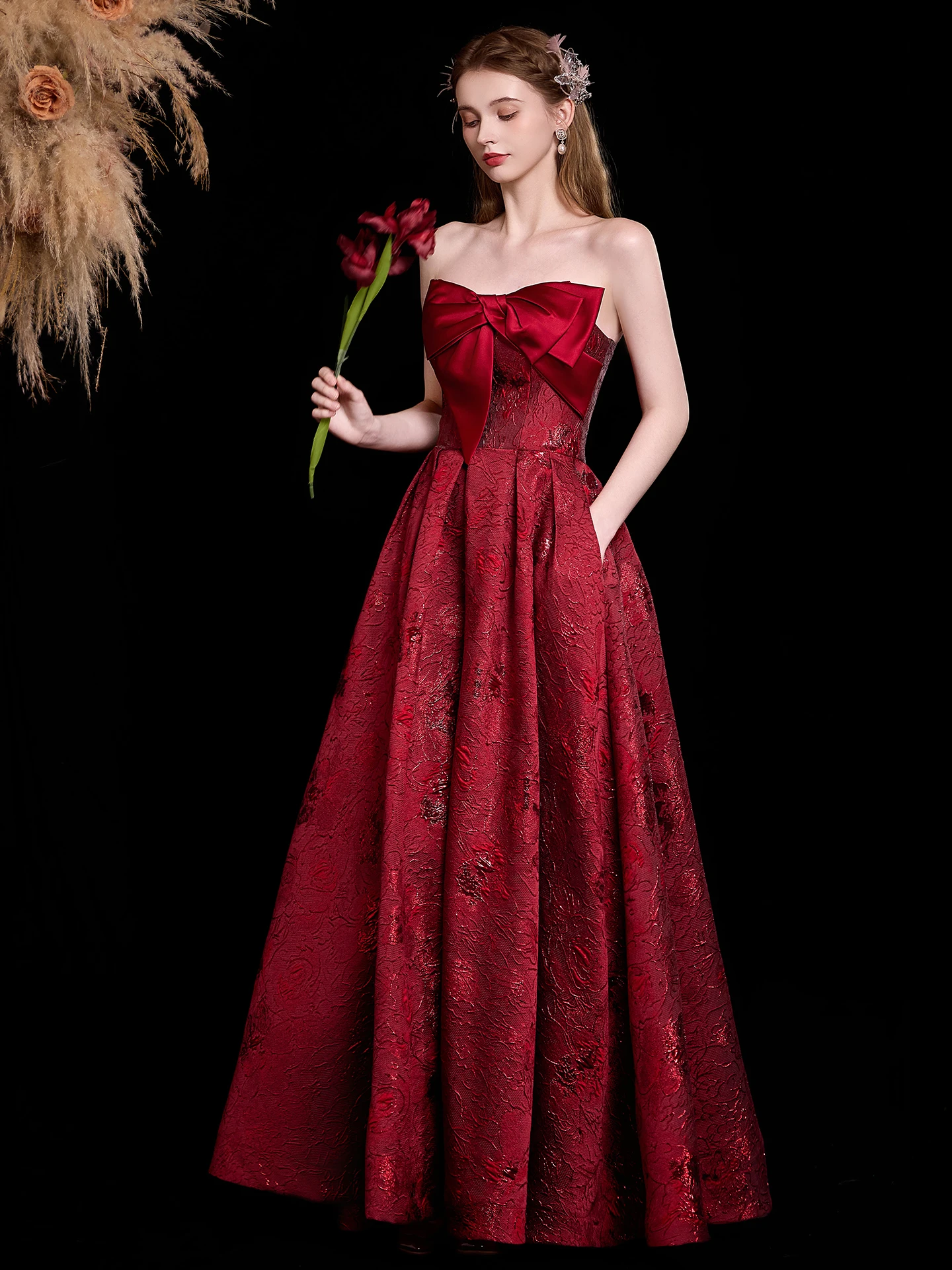 

Bridal Maids Dr Satin Fabric Wedding Engagement Ceremony Red Tead Embroidery Hepburn Sle Long Evening Gown