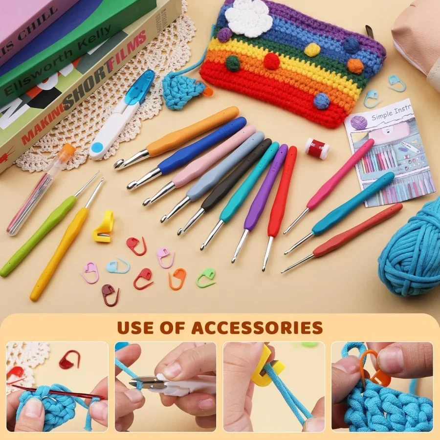 Nouveau modèle MIUSIE : Ensemble d'aiguilles à tricoter arc-en-ciel, aiguilles à fil ergonomiques à gros œil, clips de marquage, accessoires de crochet, sac de rangement