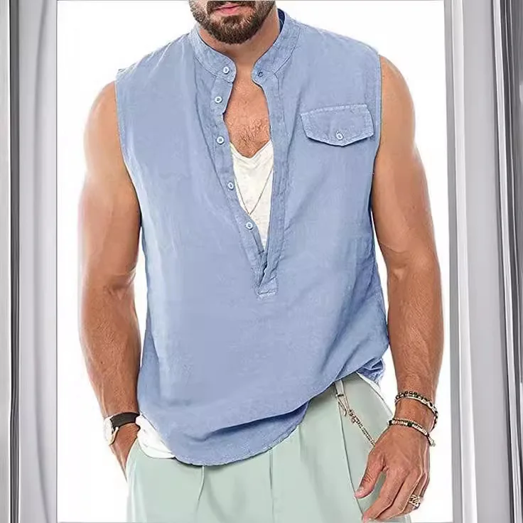 New Men's Linen Vest Stand-up Collar Loose Sleeveless Vest