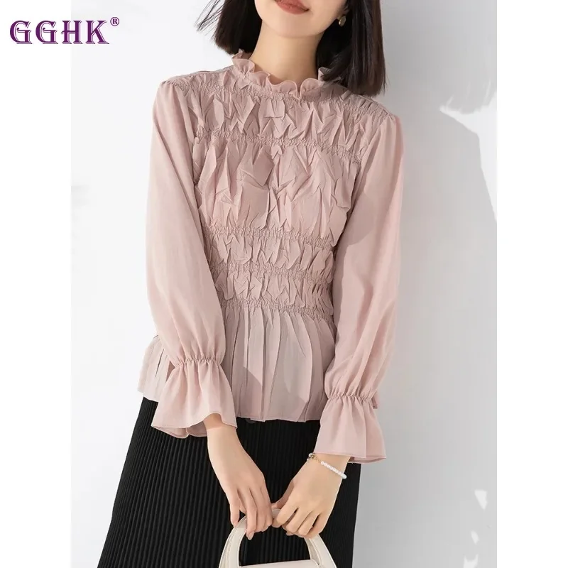 

GGHK Miyake Pleated Women Long Sleeve Top Solid Color Petal Neck Flare Sleeve Design Casual Vintage Spring Autumn Fashion Female