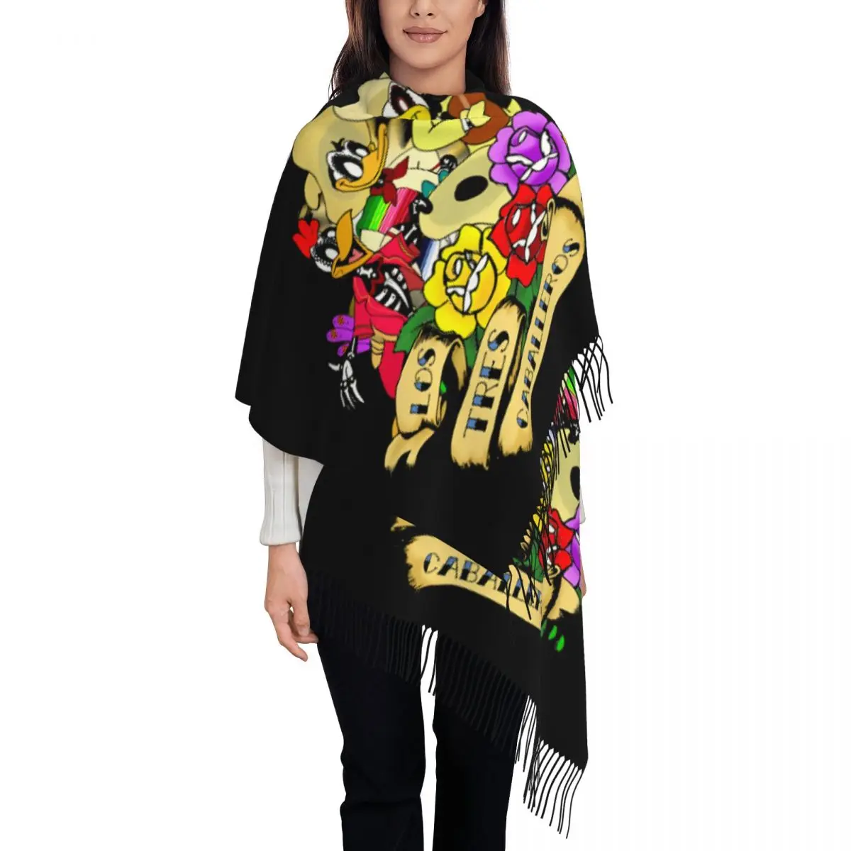 

Custom The Three Caballeros Donald Duck Tassel Scarf Women Winter Fall Warm Shawl Wrap Lady Scarves