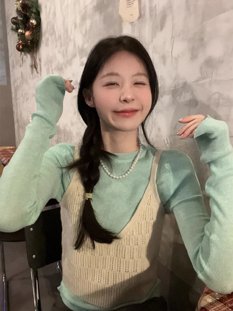 

Korean Sle Women's Knitted Long Sve Base irt Top Early Autumn Two-Piece Set Vest Tank Top Ensemble Faionable Ensemble