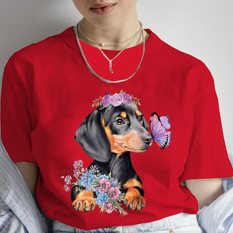 Fashion Cartoon Dachshund Clothes Graphic Dog Lover Print T Shirt for Women Casual Crew Neck Short Sleeve Plus Size Tshirt Women