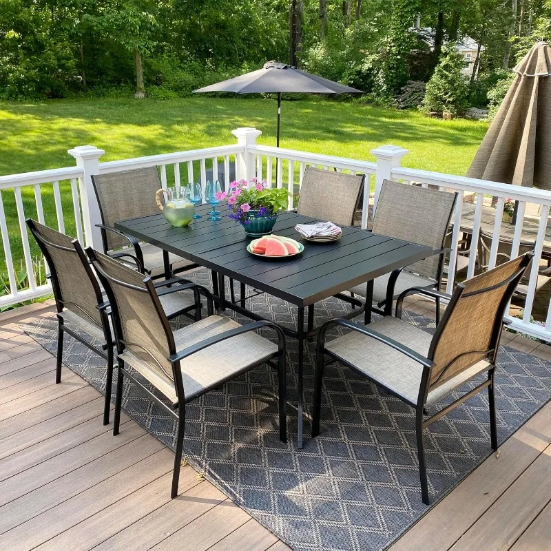 Outdoor Patio Dining Set 7 Piece Furniture Set with Metal Patio Dining Table with Umbrella Hole Table