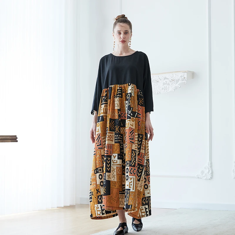 Afslankende losse lange zomer Dr C8 Zen artistieke vintage Sle bedrukte jurk met Sa A-lijn rok Acht-Sleeve Maxi Dr