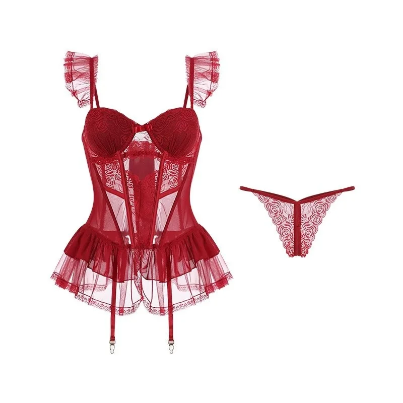 Lace Sexy Underwear Suits Women Ruffles Sheer Camis Mesh Sensual Dress Suits Porno Erotic Open Crotch Slim Pajamas