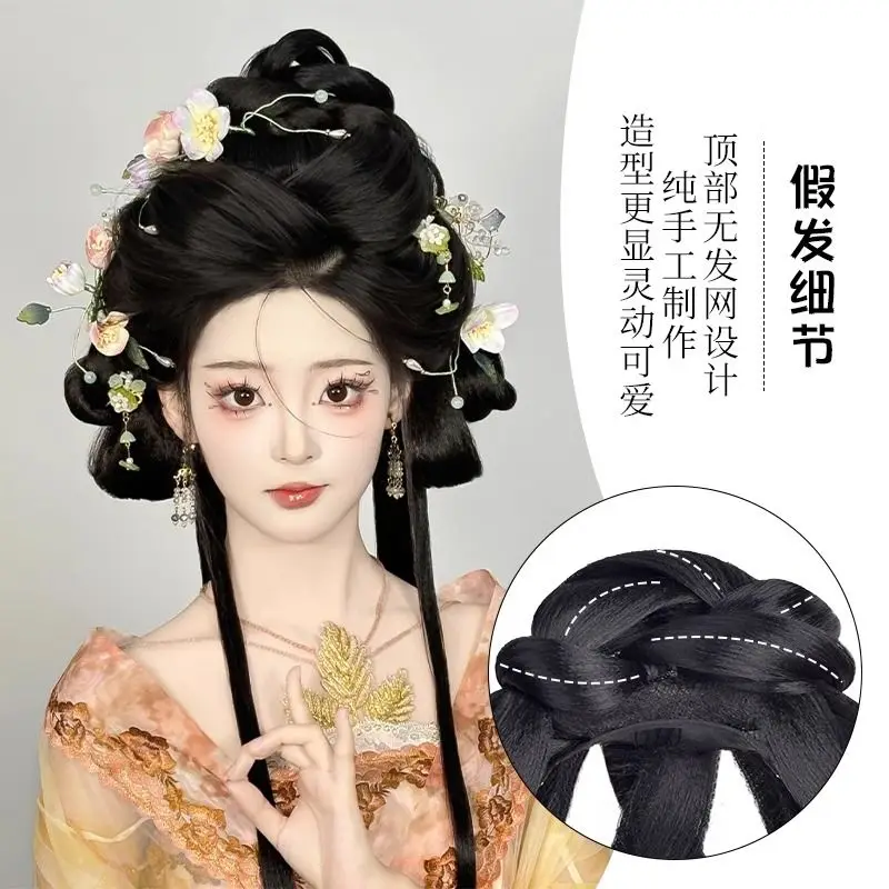 Complete Hanfu Hair System - All-in-One Ming/Tang Dynasty Fake Bun with Padding & Decorations Historical Hairpiece Complete Kit