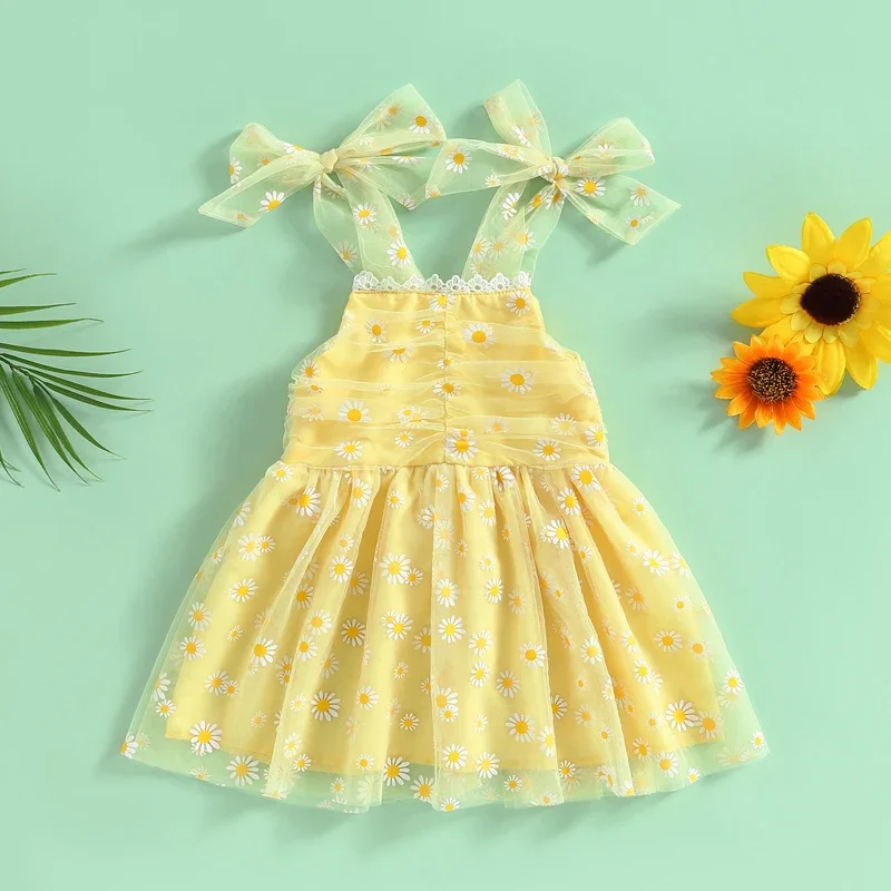 0-4Y Summer Kids Girls Casual Mesh Lace Dress Toddler Tie-up Straps Sleeveless Floral Tulle Dress Children Princess Dresses