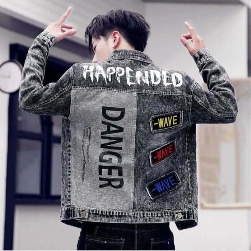 Male Jean Coats Autumn Men's Denim Jacket Button with Print Clothing Big Size Y2k Winter Oversize G Korean Popular Clothes Lxury