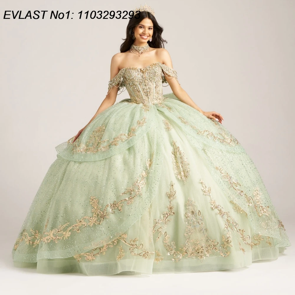 EVLAST Customized Shiny 2026 Sage Quinceanera Dress Ball Gown Gold Applique Beading Corset Sweet 16 Vestidos De 15 Anos E1QN745