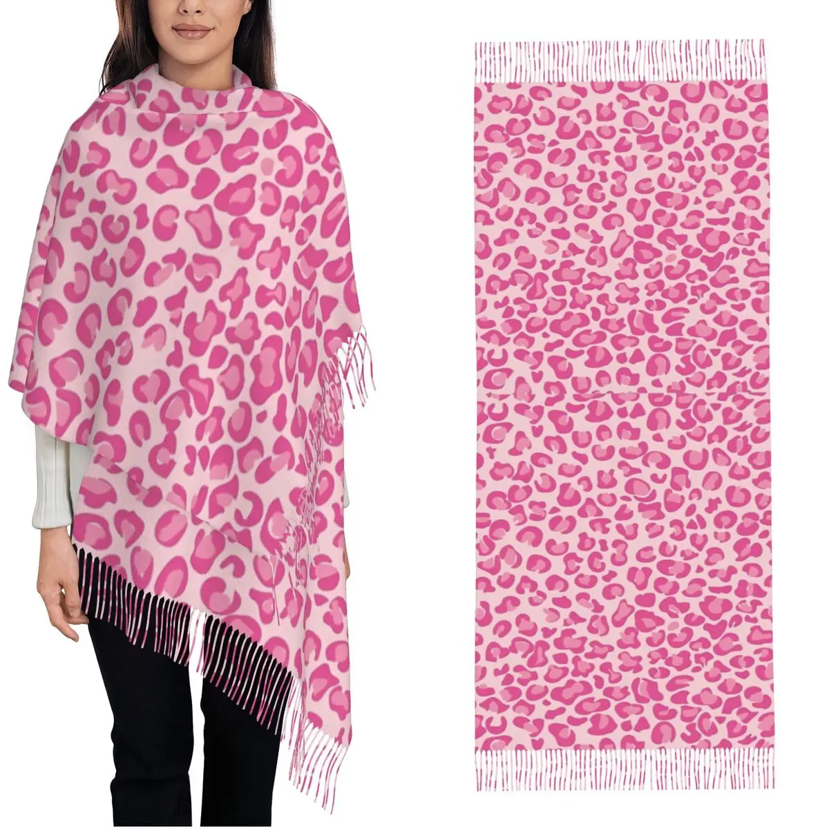 

Pink Leopard Print Scarf Women Head Scarves with Tassel Winter y2k Funny Shawls Wrpas Warm Soft Custom Bufanda Mujer