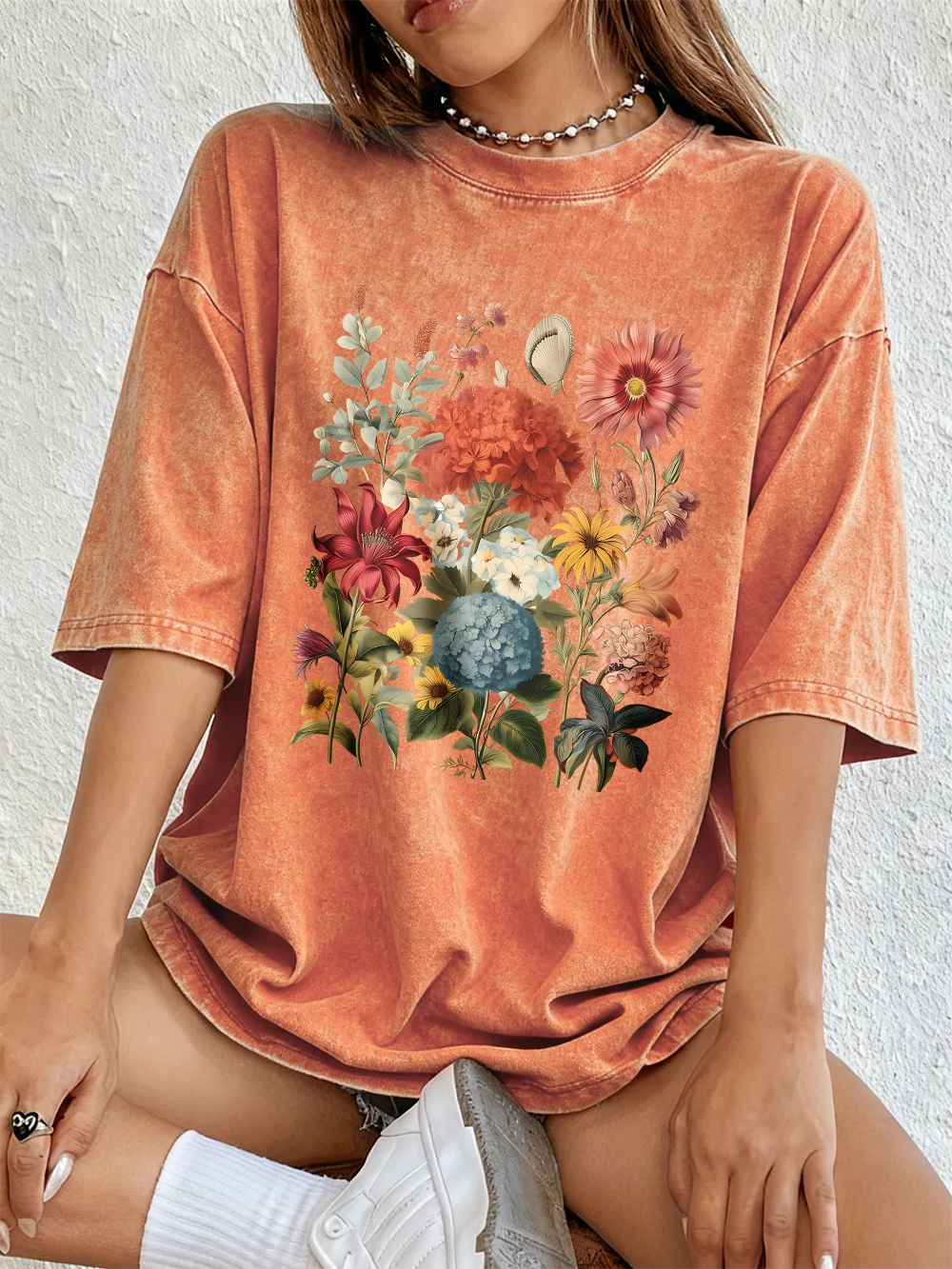 Vintage Hortensien-Blumen-Prints Gewaschene T-Shirts Damen Baumwoll-Kurzarm-Tops Street O-Neck Oversize T-Shirt Sommerkleidung – Detail 11