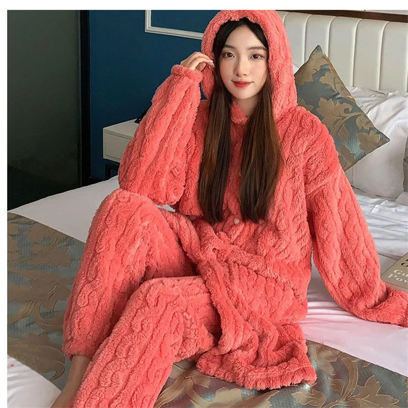 

Sleepwear Women's Extra Long Winter Plush And Extra Thick Flannel Insulation Coral Velvet Home Clothing Wearing Pajamas Outside