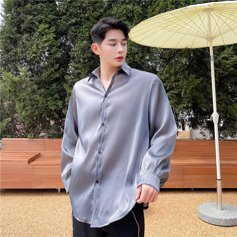 Senior Sexy Sheer Men Silk Blouse Summer Sun Protection Tops Night Club Shirts Beach Holiday Seaside Blouse Thin Quick Dry Shirt