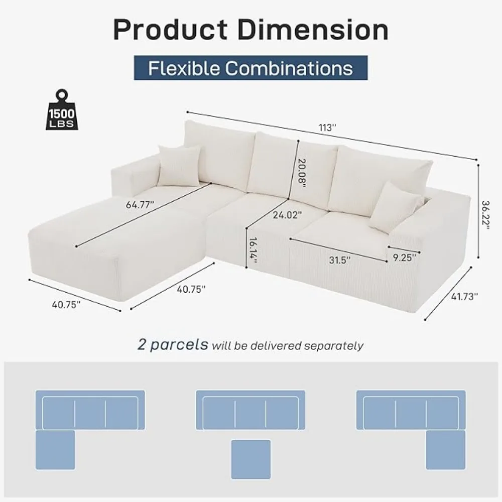 Sectional Modern Sleeper Sofa Couches for Living Room，Modular Corduroy Convertible Full Sponge Compression Sofas for House