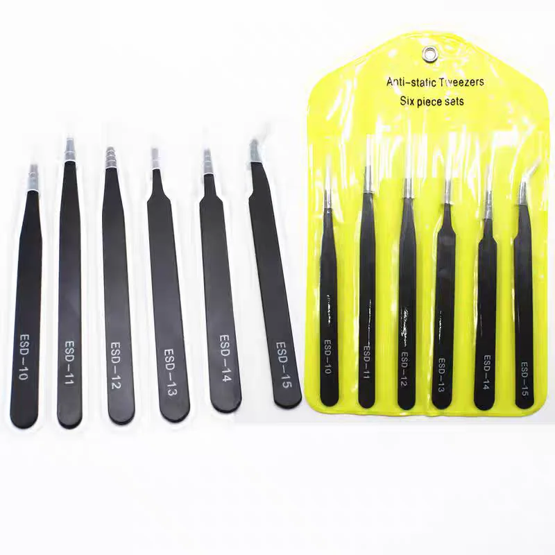 Antistatic Stainless Steel Tweezers 6 PCS Precision Maintenance Industrial Repair Curved Tool Home Work Model Making Bar Set