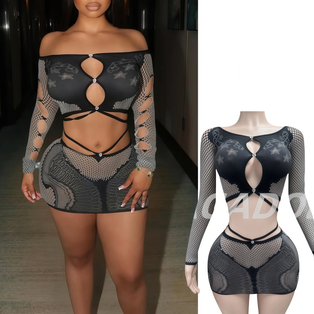 

FAGADOER Sexy Thick Lace Hollow Bodycon 2 Piece Sets Woman Outfit See Through Crop Tops and Shorts Suit Female Nightclub Wear