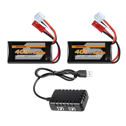 2PCS 7.4V Li-Po 2S 25C 400mAh Rechargeable Battery with 2-Port USB Charger, Compatible for Volantexrc Brushless 500mm RC Plane