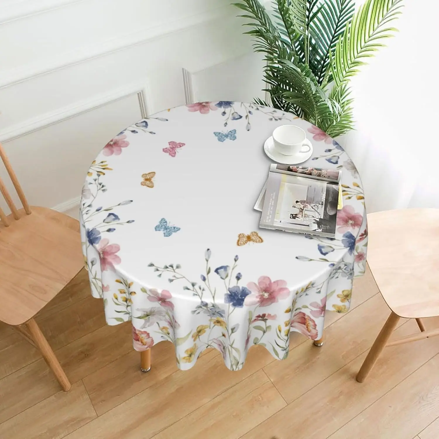 

Spring Tablecloth Round Colorful Flower Butterfly Table Cloth,Stain Resistance Polyester Floral Summer Season Table Covers