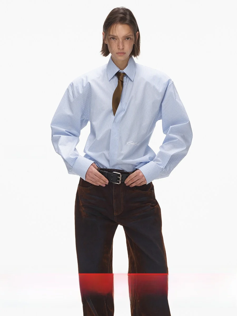 

Ele And Faionable ade irt Detachable oulder Pads Waist-Cinching Design Slim Fit Cotton Long Sve Striped Pattern