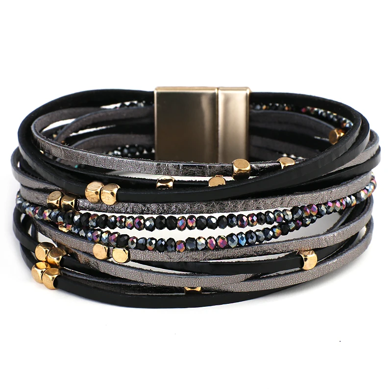 Amorcome perline di metallo Charm bracciali in vera pelle per le donne bracciali e braccialetti a portafoglio larghi multistrato bohémien gioielli