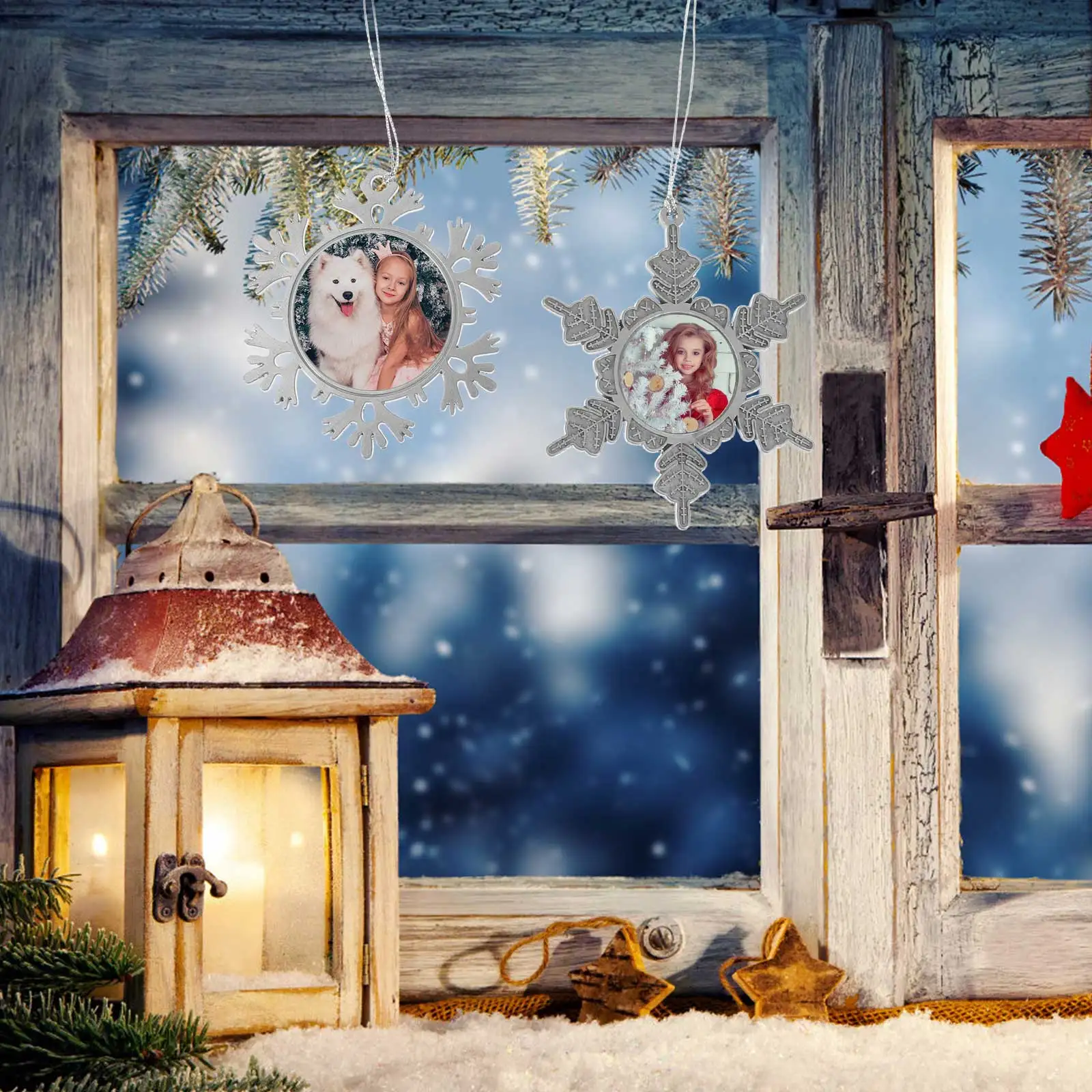 

2Pcs Zinc Alloy Metal Snowflake Pendant Necklace for Xmas Christmas Festive DIY Photo Frame Jewelry Gift Photo Frame Pendant