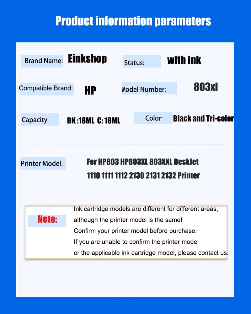 803 803XL Compatible Refillable Ink Cartridge Replacement For HP803 HP803XL 803XXL DeskJet 1110 1111 1112 2130 2131 2132 Printer