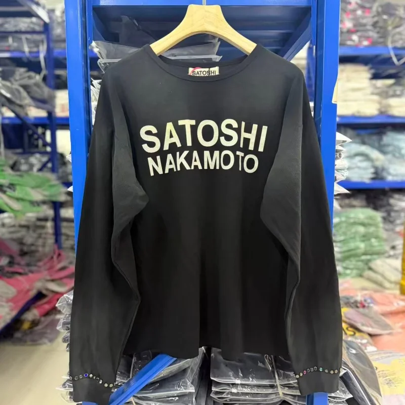 Men Satoshi Letter Long Sleeve T-Shirt Waffle Rivet Cuff Oversized Tee