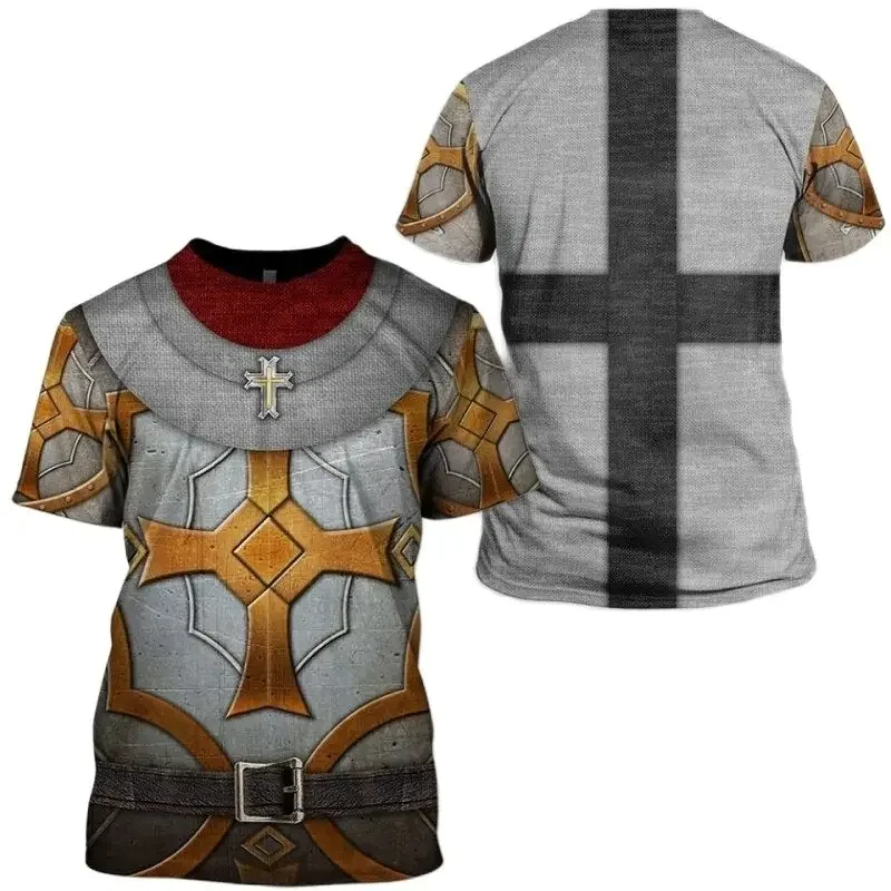 European Medieval Knight Style Summer Print Fashion New Men\'s Street Culture Casual Slim Retro 0 Collar Short Sleeve T-shirt Top