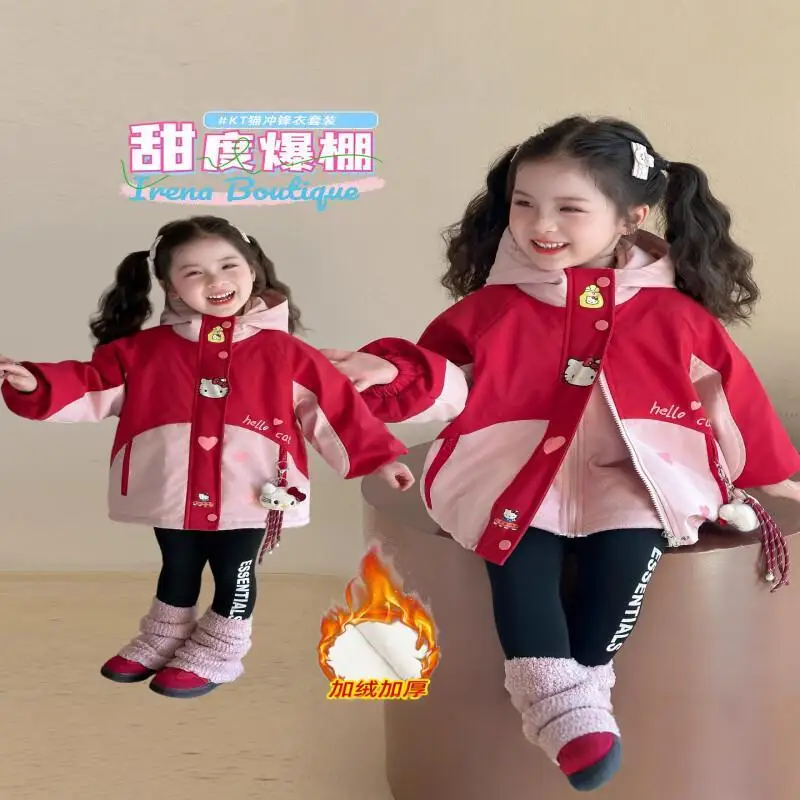 

Sanrio Hello Kitty уличные куртки для девочек 3-в-1 детская осенне-зимняя повседневная теплая куртка с героями мультфильмов для малышей, теплый рождественский подарок