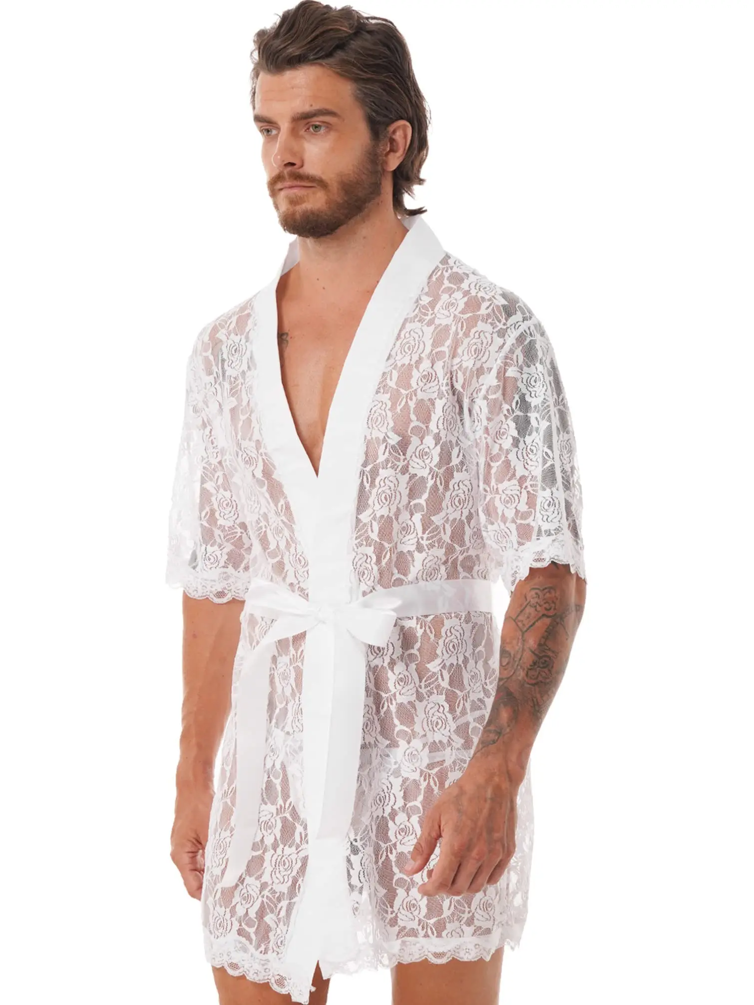 男性のセクシーなレースのナイトガウンシアーホワイトシースルースリープシャツ半袖花刺繍部屋着夏のコンフォートパジャマ