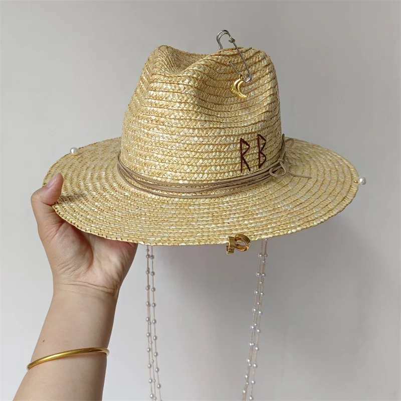 White straw hat pearl chain DIY flat top sun hat new Korean elastic ribbon hat beach hat candy color sun hat