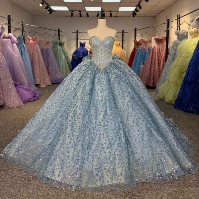 

Синее блестящее платье Quinceanera, бальное платье с открытыми плечами, аппликация, кружево, бисер, кристалл, тюль, корсет, милое платье 16, Vestidos De