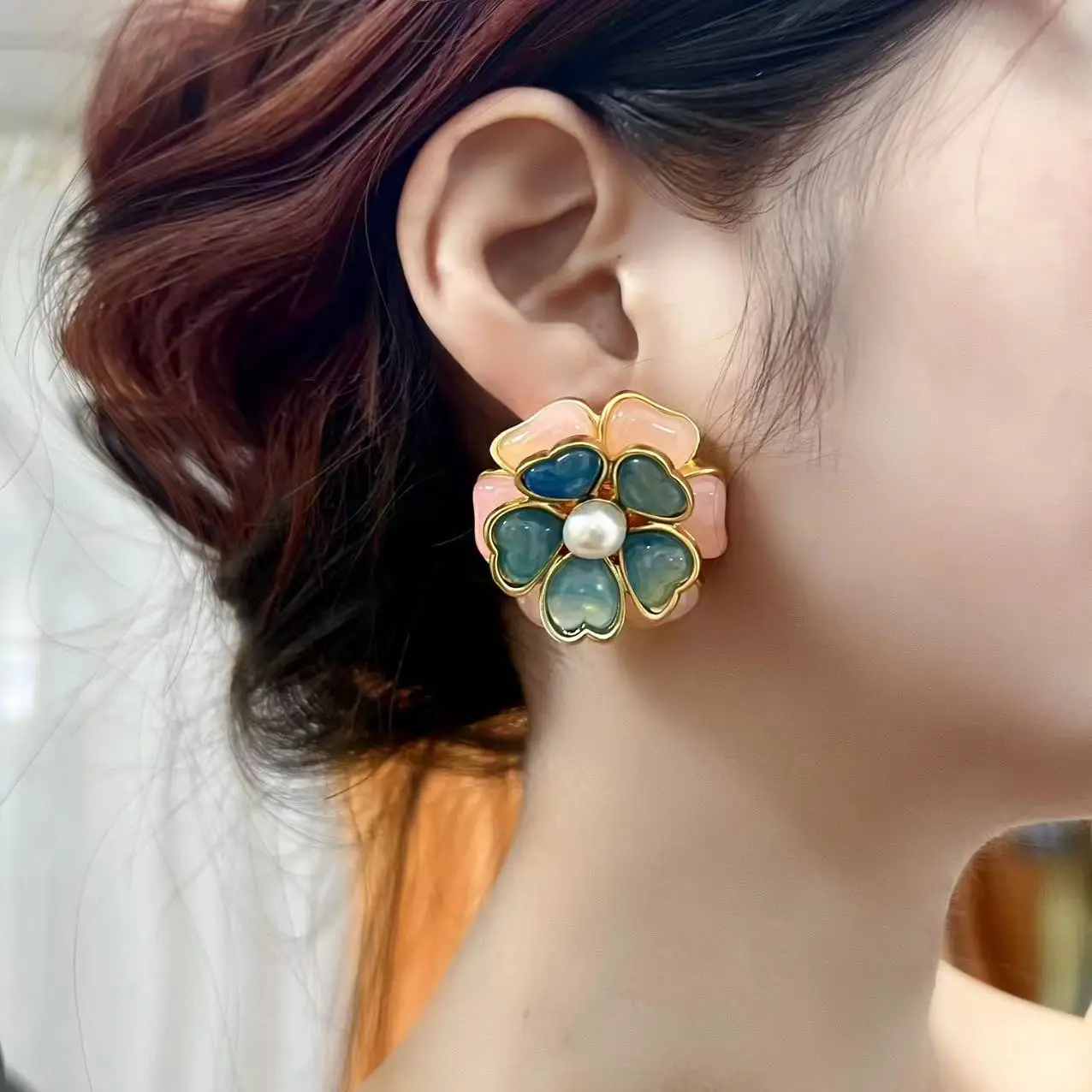 Vintage Court Style Double 3D Flower Glaze Earrings Ring Set for Women French Hand Pink Blue Jelly Glaze Jewelry Set Party Gift