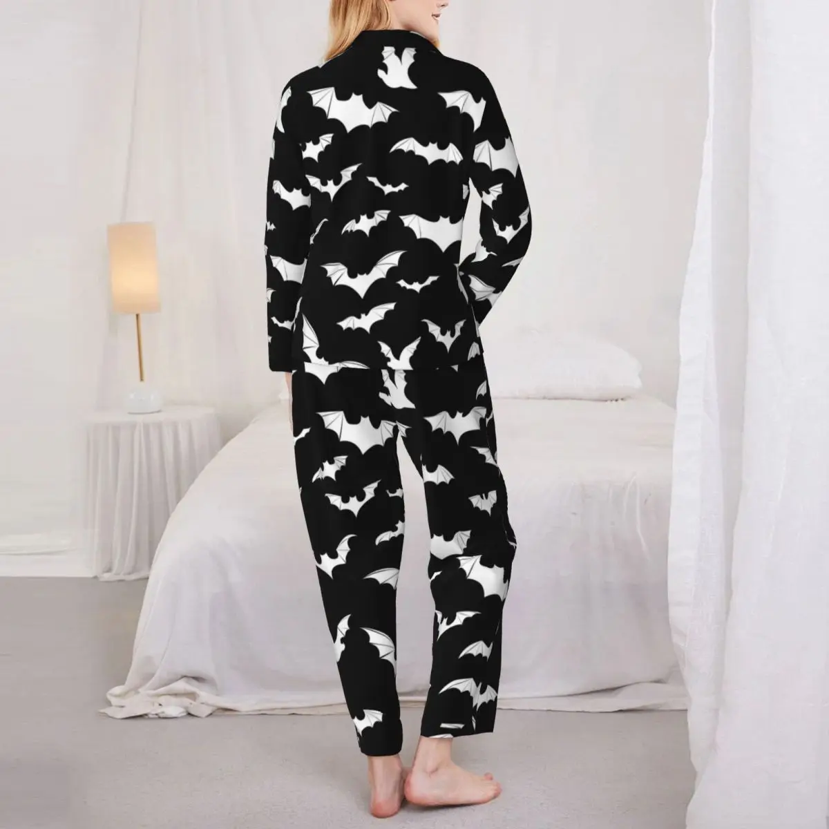 Pajamas Female Gothic Art Halloween Night Sleepwear Cute White Bats Two Piece Vintage Pajama Set Long-Sleeve Oversized Home Suit