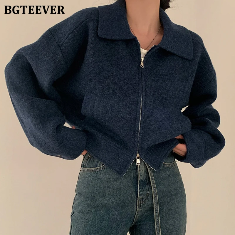 BGTEEVER Vintage Loose Turn-down Collar Pockets Female Woolen Jackets Autumn Winter Elegant Long Sleeve Zipper Women Blend Coats