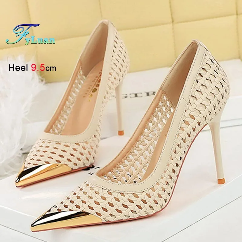 

2025 женские туфли-лодочки во французском стиле, модные тканые туфли на шпильке с острым носком, туфли на высоком каблуке 9,5 см с неглубоким носком