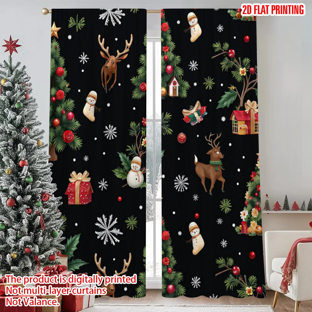 

2pcs 2D flat printing Merry Christmas Popular Curtain Christmas party Polyester Without Electricity Birthday Party Use for