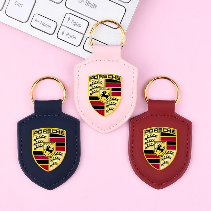 

Shield Leather Car Key Chain Creative Pendant Gift For Porsche Macan 911 718 Taycan Panamera Cayenne Boxster Cayman Accessories