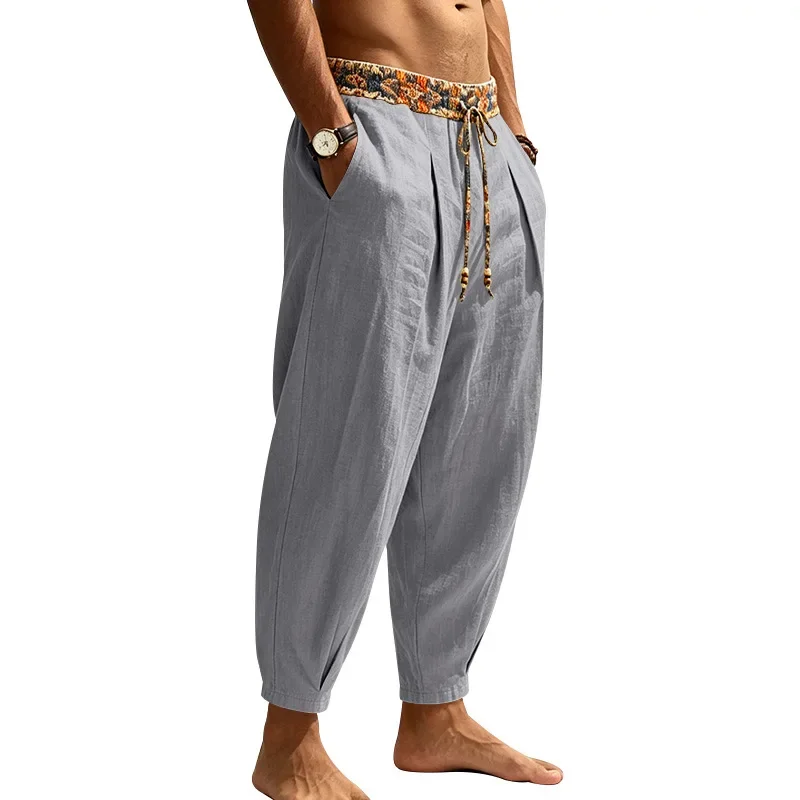 Herren 95% Leinen Haremshose Boho Blumenmuster Kordelzug Taille Lässige Weite Hose Strand Urlaub Knöchellange Hose – Detail 31