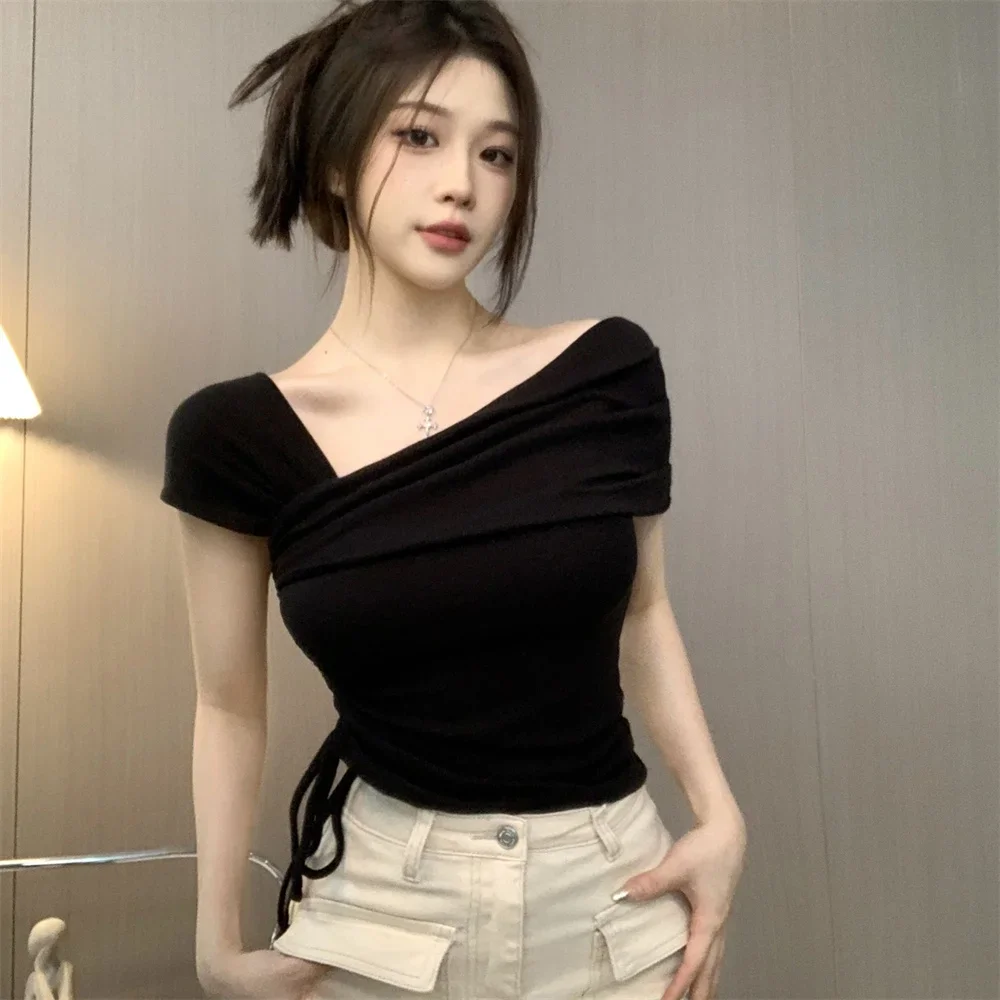 

2025 Women's Summer Casual Short Sleeve T-shirt Korean Style Sexy Solid Color Slash Neck Slim Crop Tops Female Basic Clothing