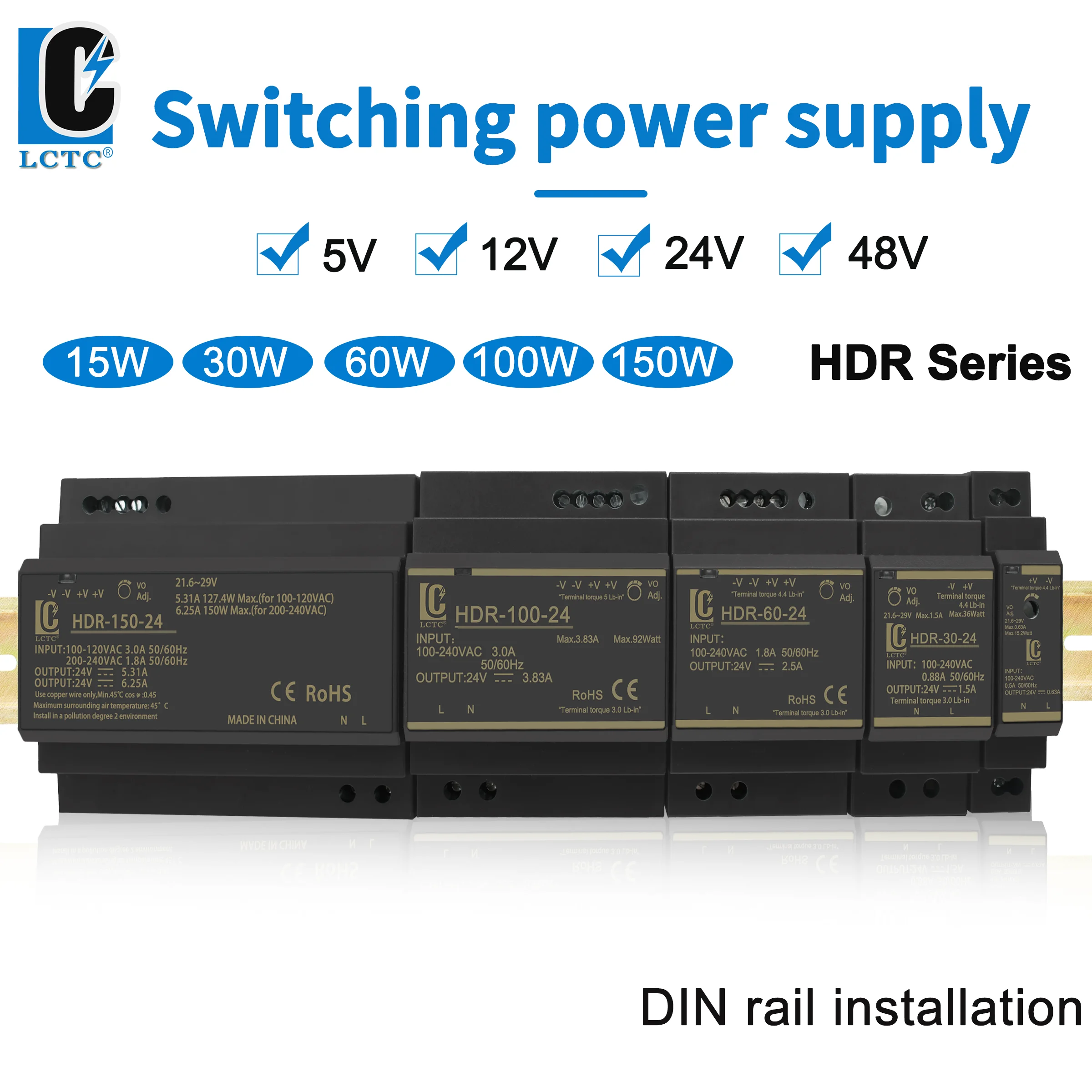 

LCTC Switching Power Supply HDR 15W30W60W100W150W 5V12V24V48 Rail Transformer Thin Switching Power Supply