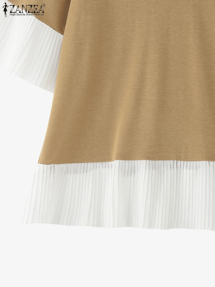 ZANZEA Kleurblokken Geplooide Trim Patchwork Blouses Vrouwen Casual V-hals Korte Mouw T-shirts Streetwear Stijlvolle Blusas Mujer