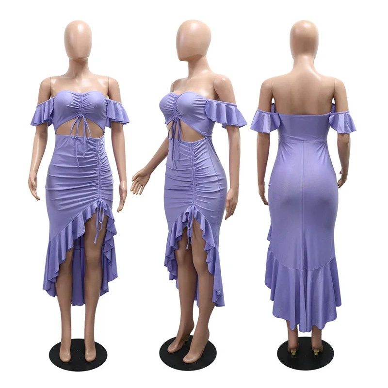 2025 Sexy Party Ruffles Women Strapless Drawstring Midi Irregular Long Dress Summer Cut Out Butterfly Sleeve Night Club Dresses