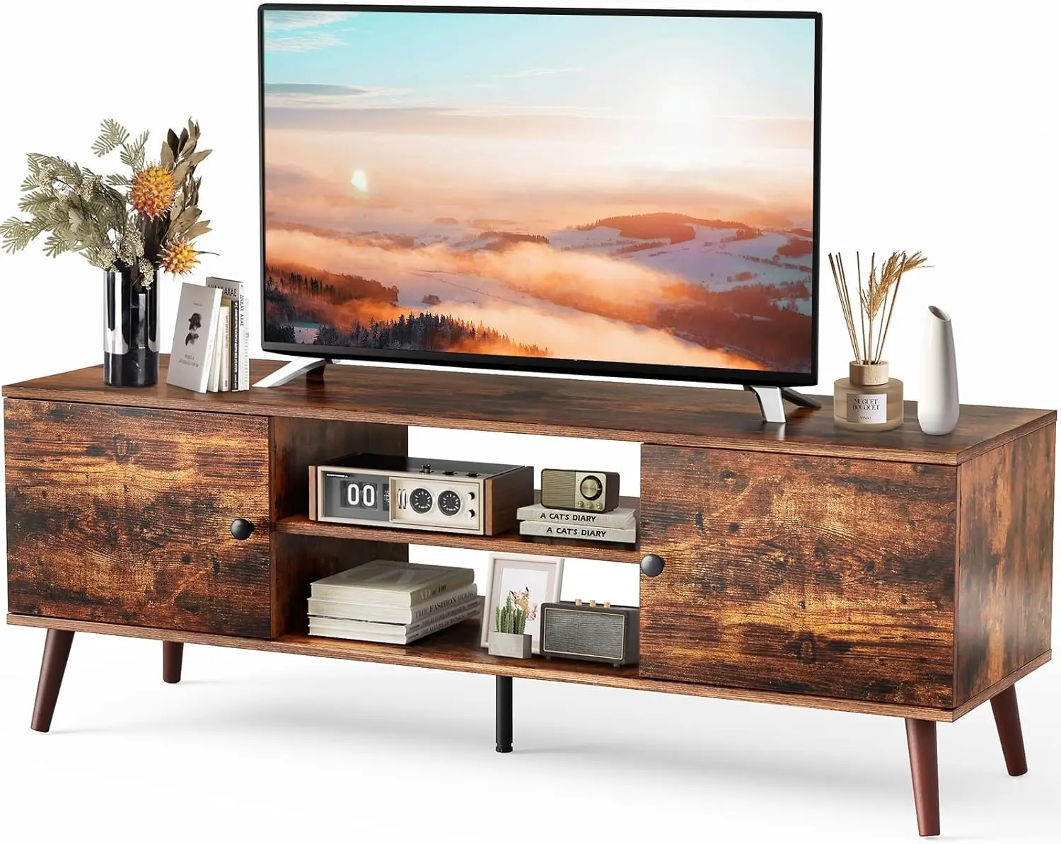 JHK Wooden Fireplace Tv Stand For Up To 60 Inch TV Entertainment Center For Living Room Media Console Adjustable Shelf 2 Storage image 4