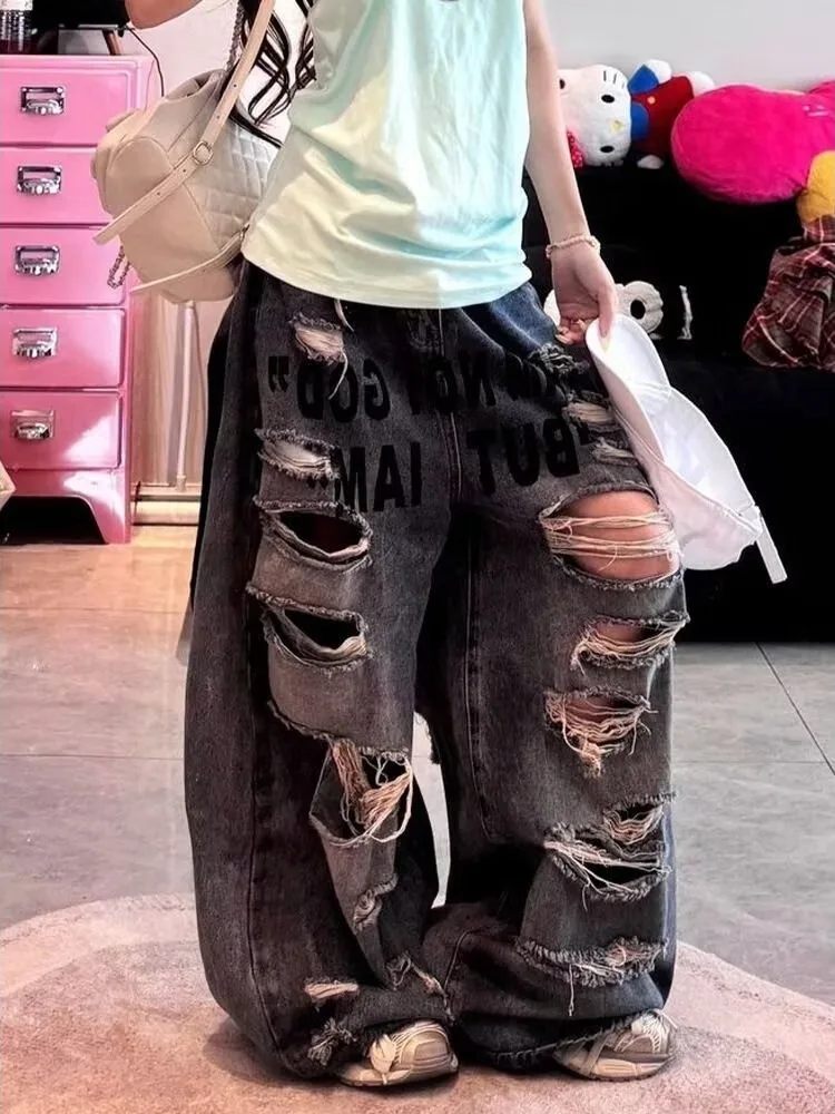 Street Style American Hot Girl Distressed Denim Jeans Women's Large Size Design Vintage Pants Individual Letter Floor-Length ...