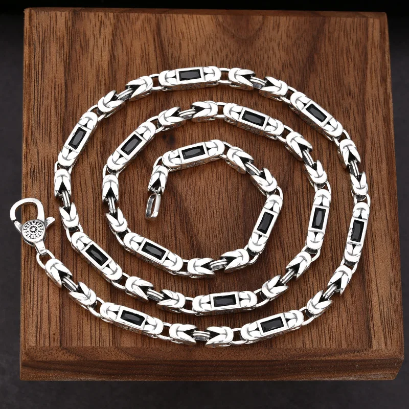 

Real 925 Sterling Silver Necklace For Men Women Vintage Handmade Byzantine Chain Gemstone Jewelry Pure Silver Choker Link 24inch