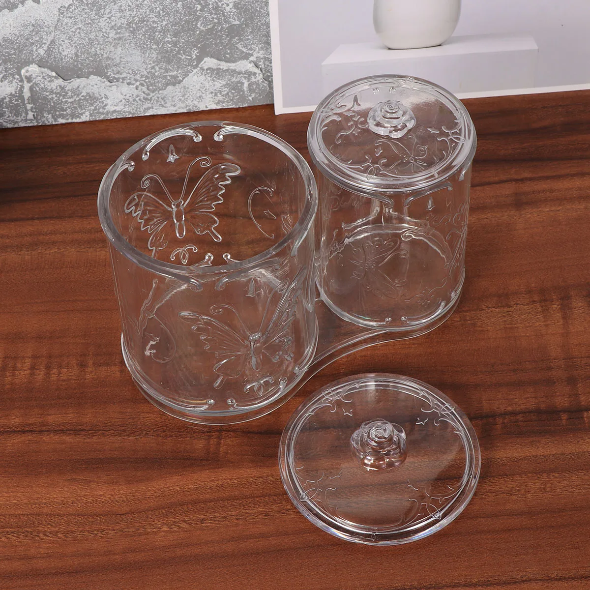 

Round Acrylic Container Clear Canisters Set of 2 Transparent Storage Boxes for Makeup Brushes Pens Organize Desk Tidy Dust Proof